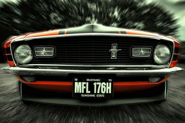 The muzzle of a Ford Mustang on a blurry background