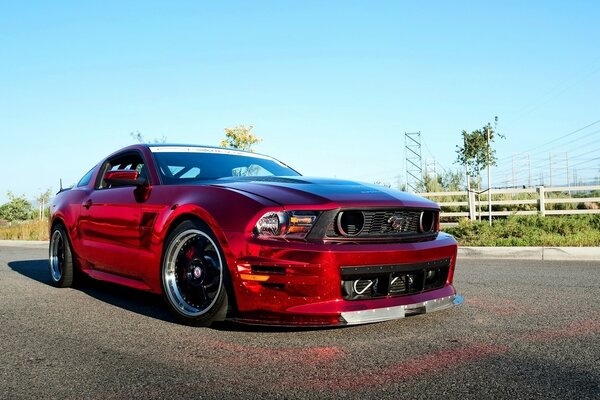 Roter schöner Mustang auf Naturhintergrund