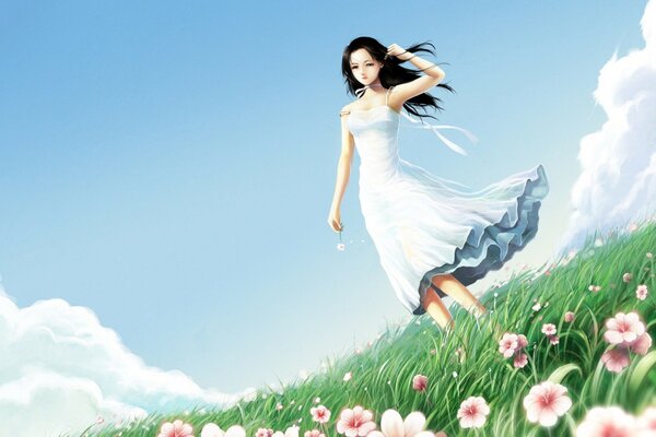 Drawing of a girl in a field with flowers