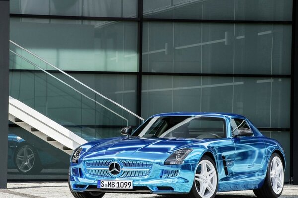 A chic metallic blue Mercedes