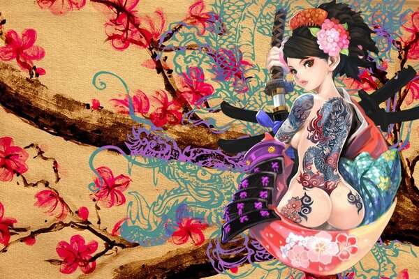 Девушка в японском наряде, клинком и татуировкой на спине