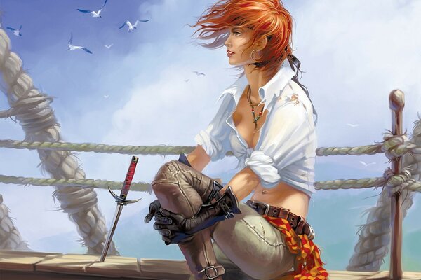 Fille pirate regardant pensivement au loin de la mer