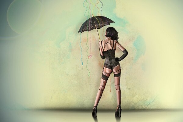 Ein seltsamer Mannequin in Dessous und mit einem Regenschirm