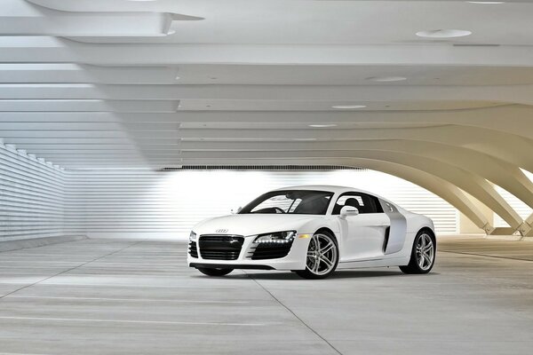 Audi r8 white in an unusual room