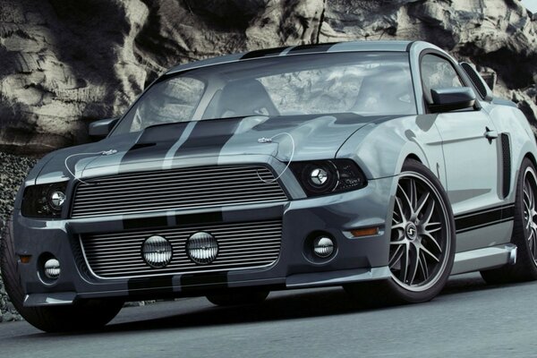 Gris ford mustang dans un terrain rocheux