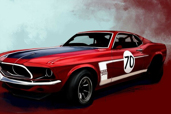 Красный Ford Mustang Boss 302 со спортивными наклейками