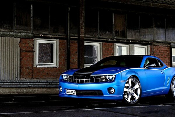 A blue car near a brick wall