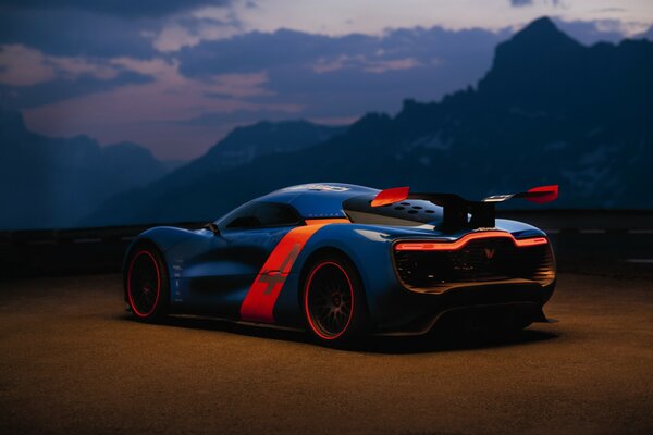 Alpine supercar on the background of desert mountains