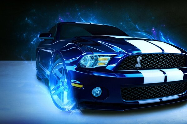 A bright picture of a mustang car with photoshop