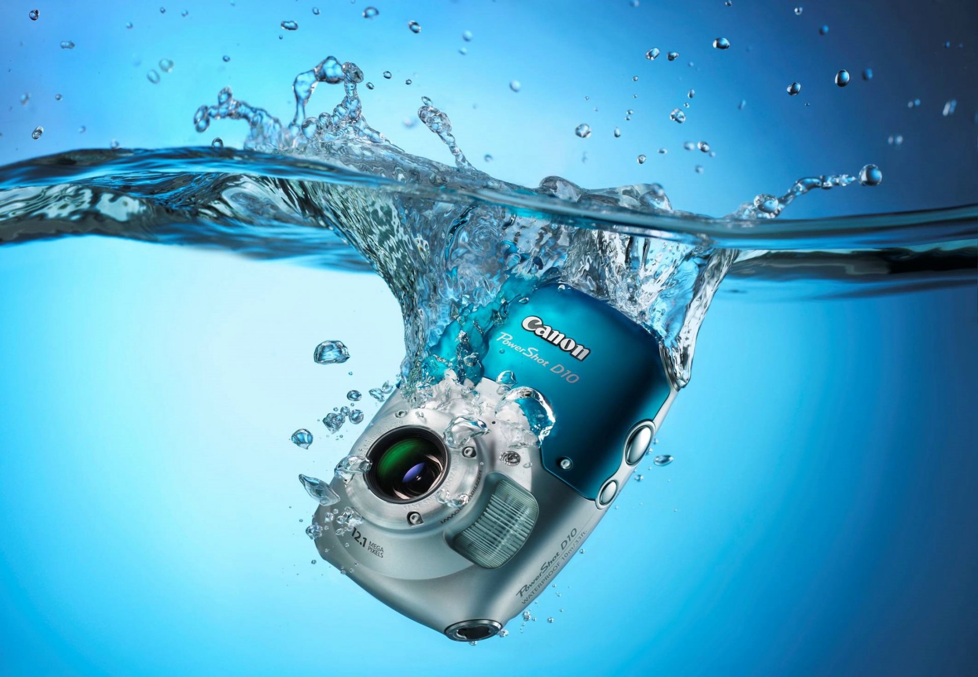 digital a camera canon powershot d10 water drops spray background blue wallpaper