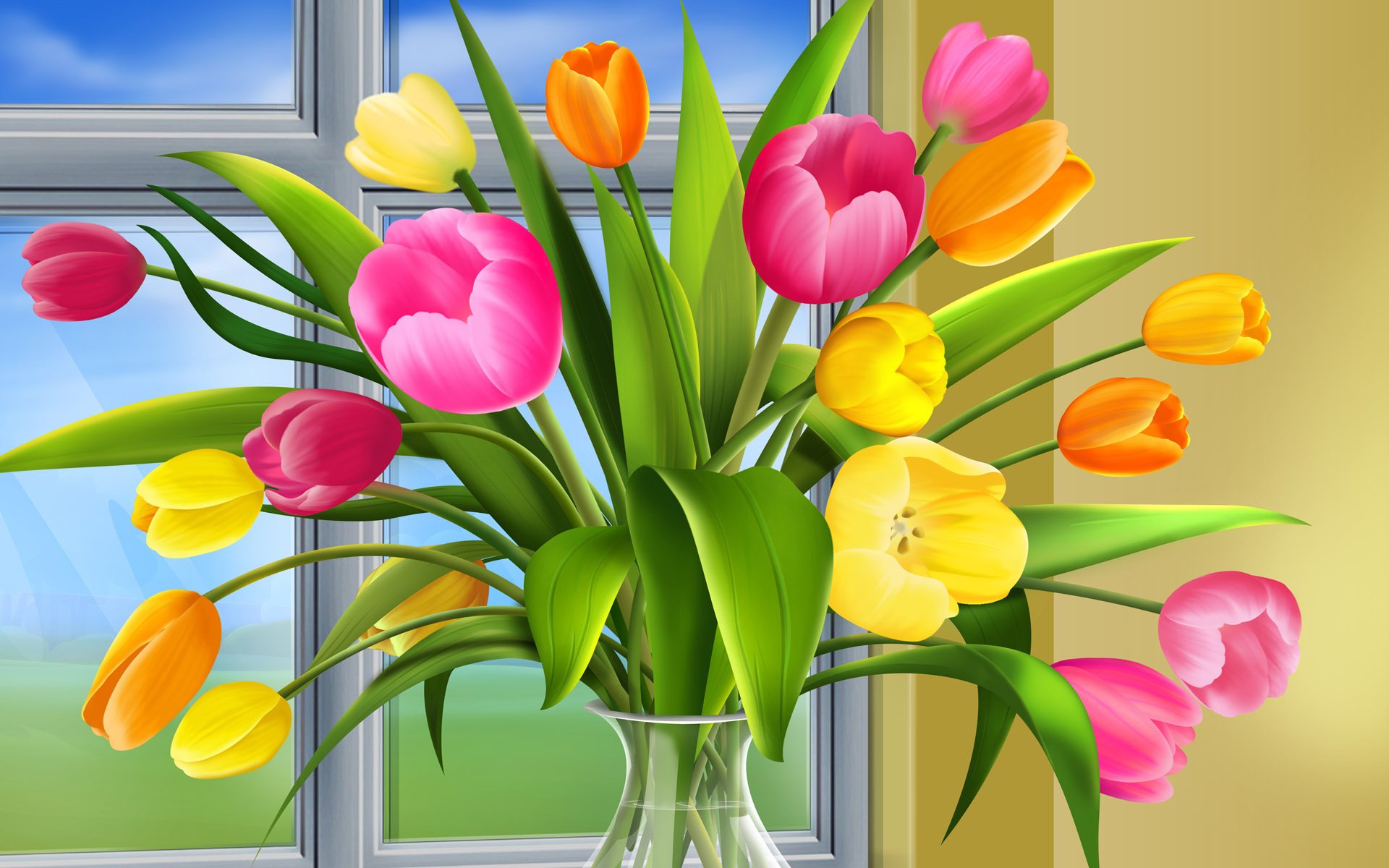 blumen bild tulpenstrauß fenster blumenstrauß zeichnung frische frühling