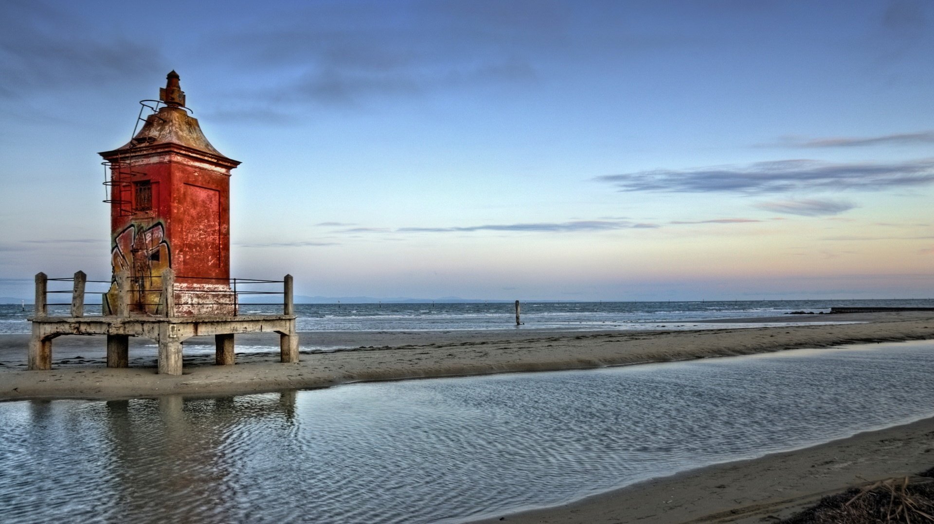 and track lighthouse water sand sea bay the sky