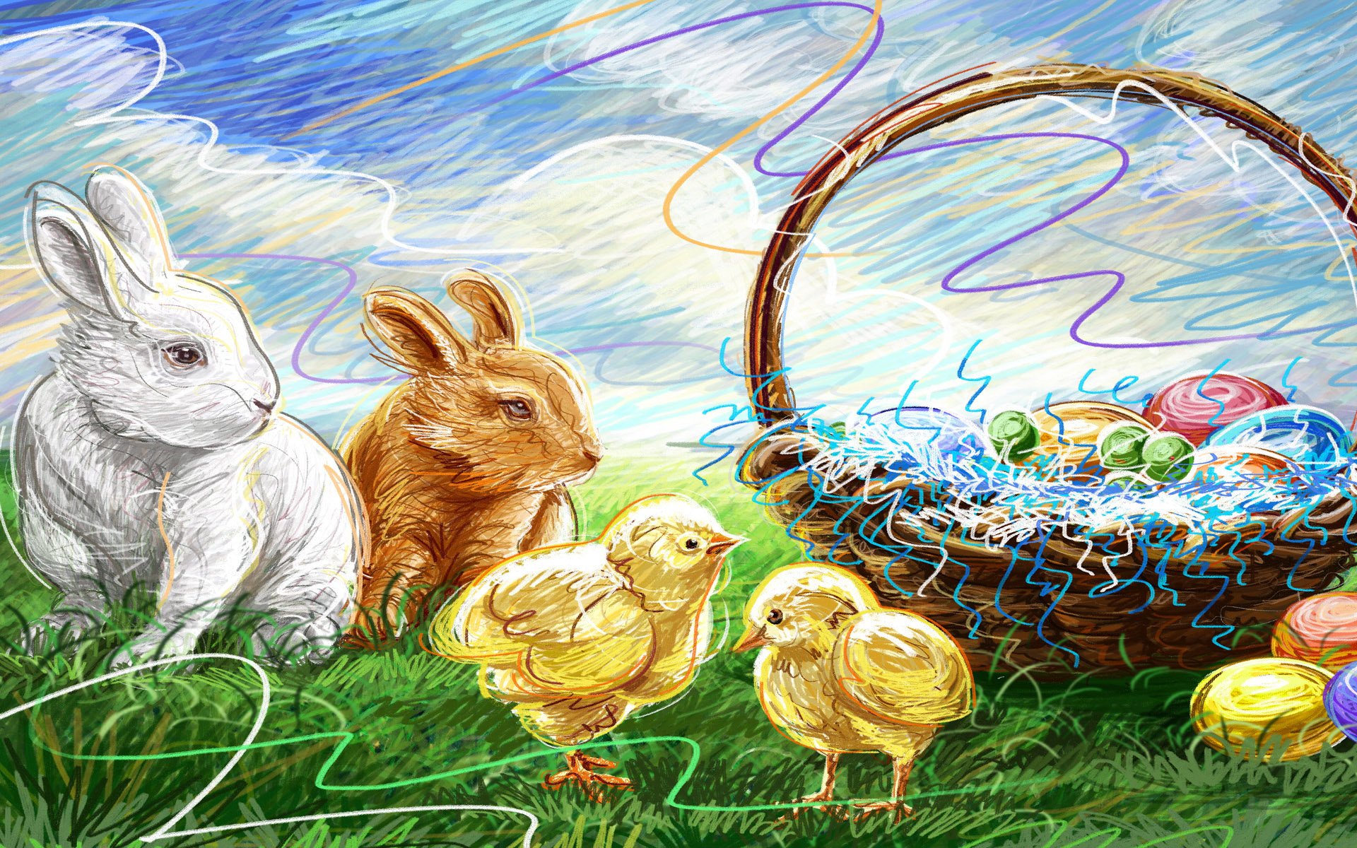 easter basket chickens rabbits easter