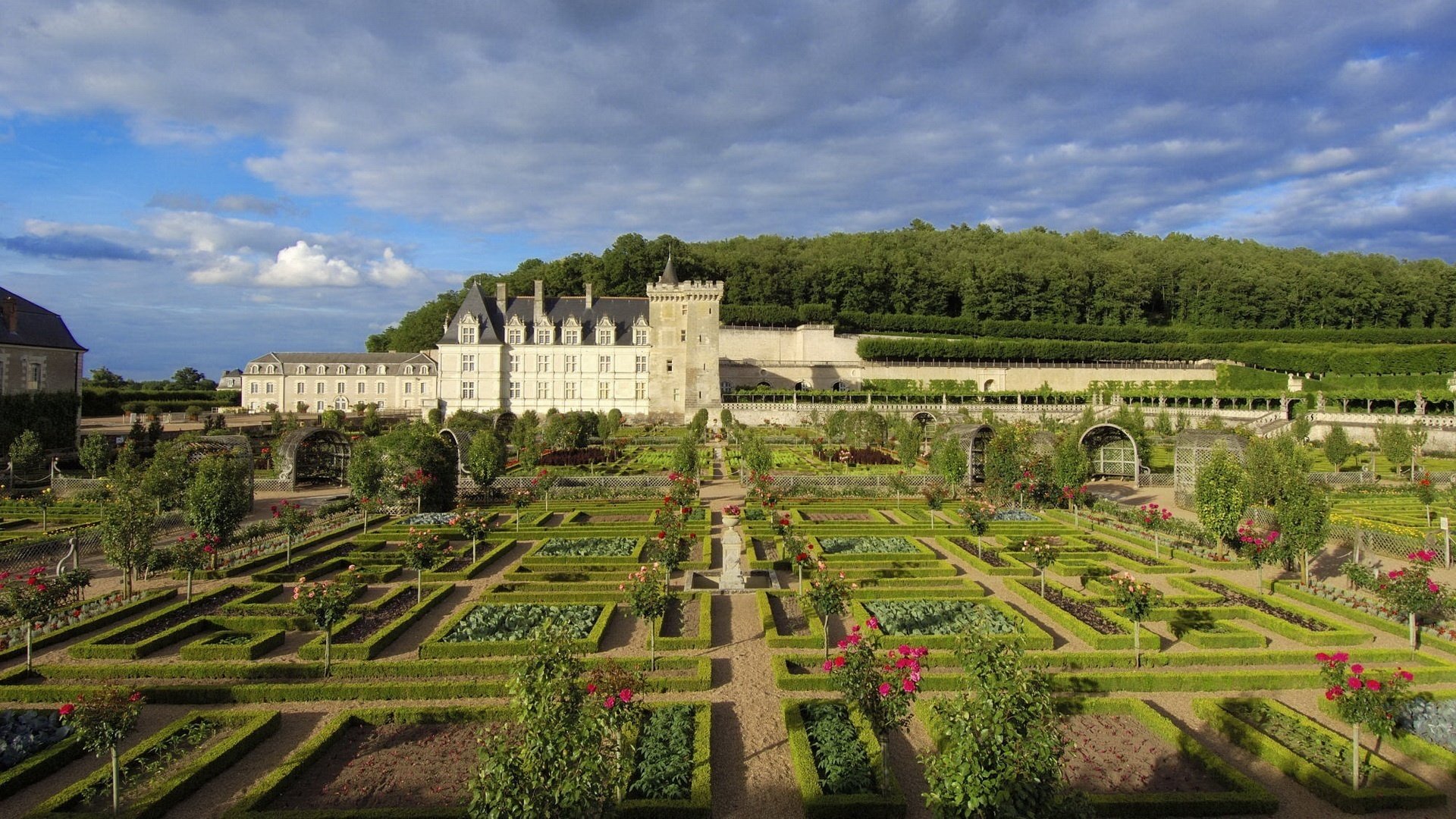 chambres immense jardin fleurs château forêt arbres ciel hauteur parc nuages