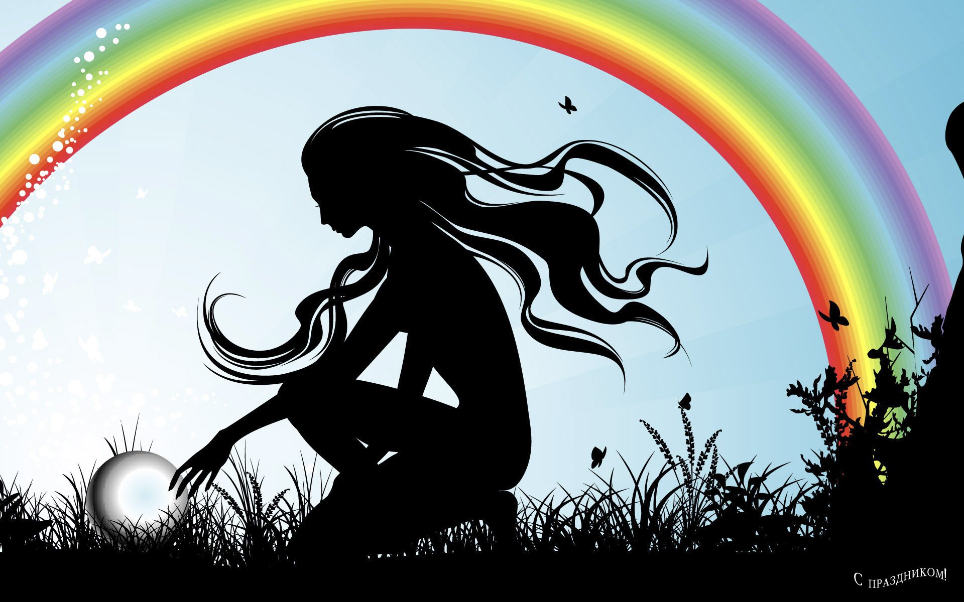 siluetta di bellezza arcobaleno ciotola ragazza profilo capelli lunghi farfalle primavera erba