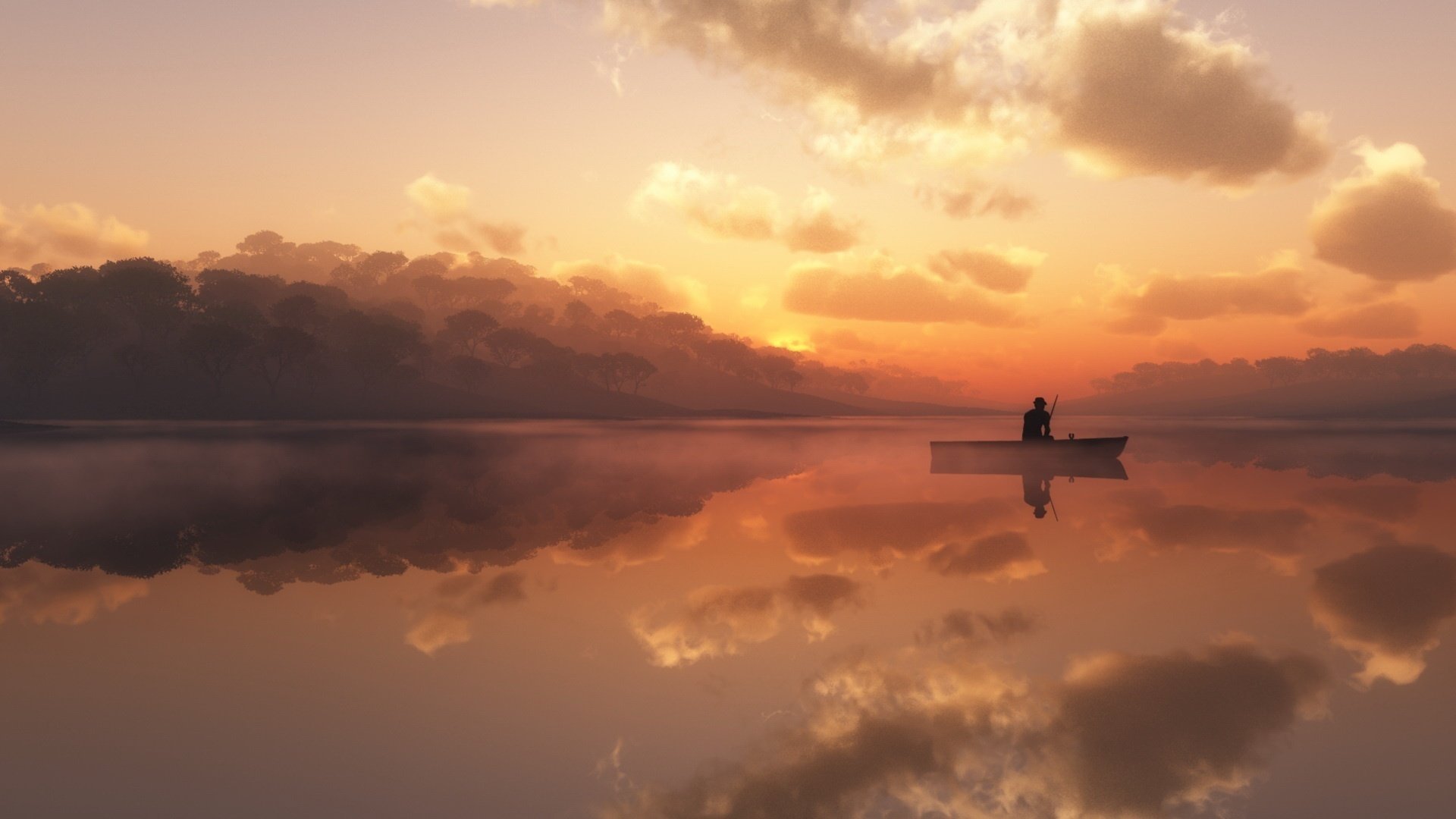 pescatore solitario foschia rosa lago tramonto acqua persone nebbia pesca orizzonte nuvole paesaggio natura foresta alberi riflessione uomo barca stagno