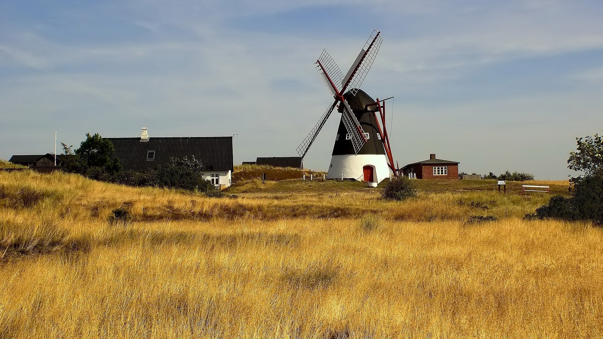 the white building mill golden field the sky clouds gra