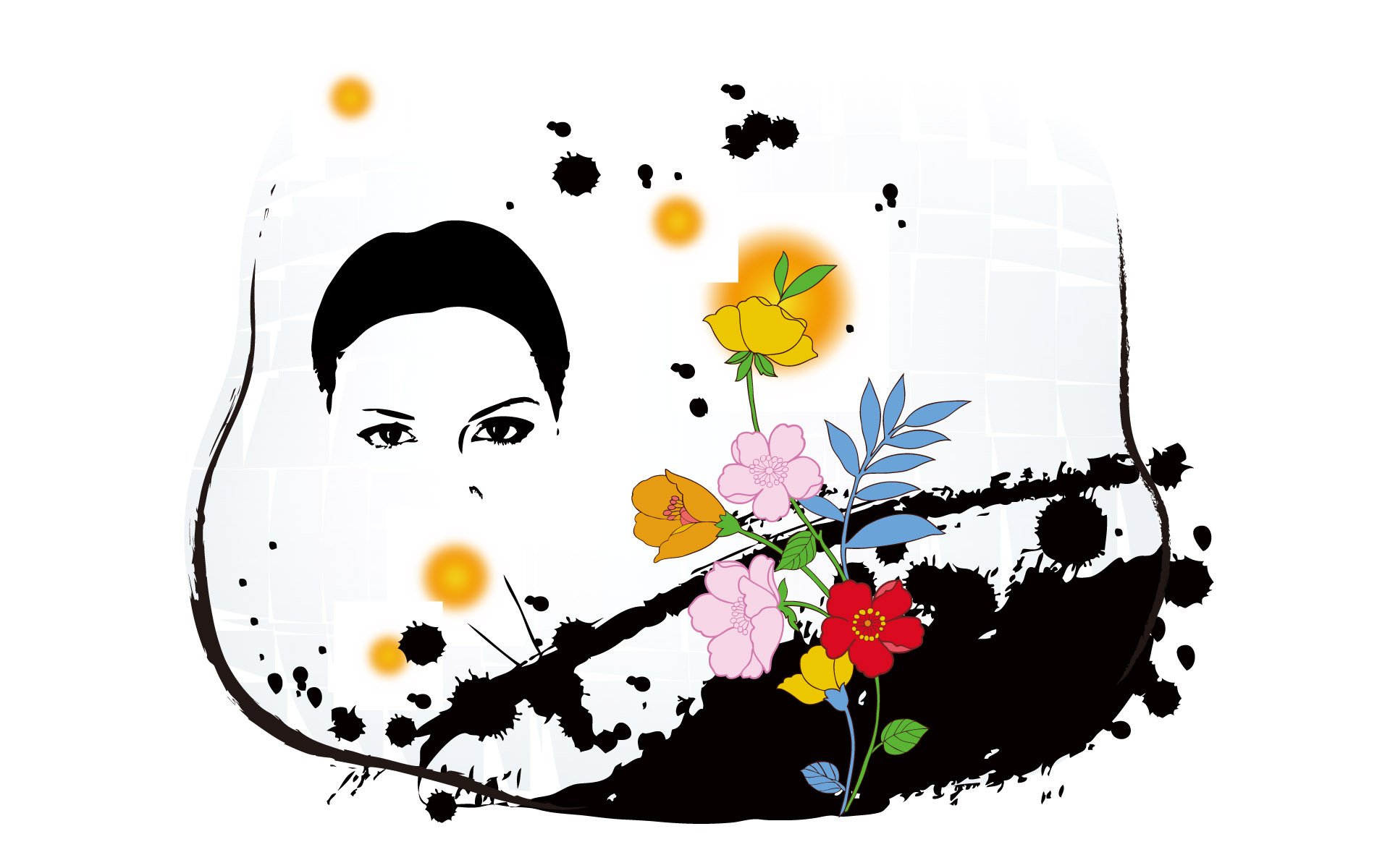 black stains beautiful eyes spring flowers girl look blots white background