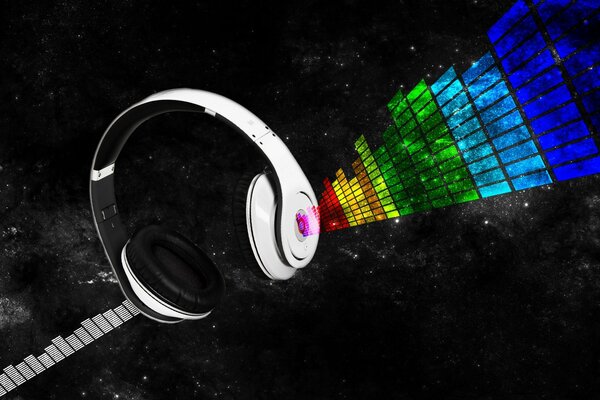 White headphones on a black background with multicolored rectangles
