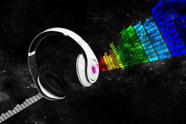 Auriculares blancos sobre fondo negro con rectángulos multicolores