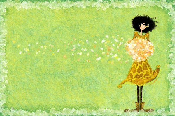 Girl with flowers on a green background