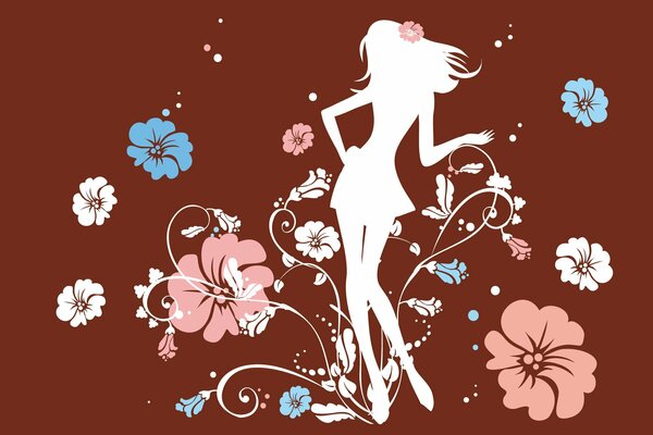 Silhouette bianca di una ragazza con fiorifiori bianchi