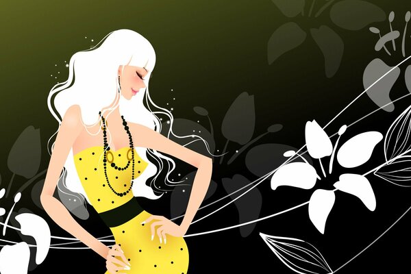 A girl in a yellow dress stands surrounded by white lilies on a black background