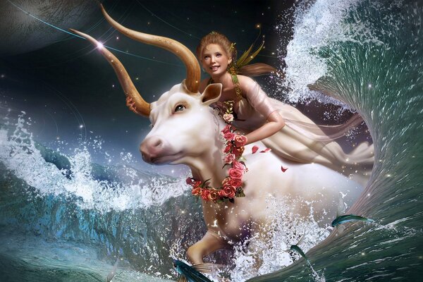 A beautiful girl riding a buffalo jumps on the waves