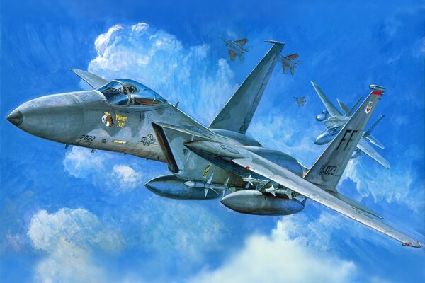 Drawing of a combat aircraft in the blue sky