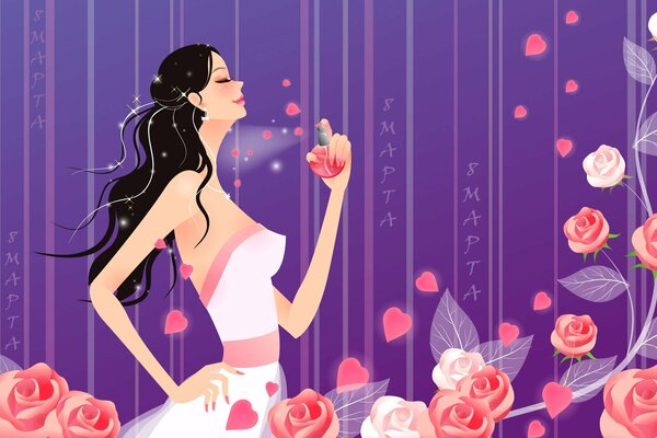 A girl in a white dress with perfume is surrounded by pink flowers