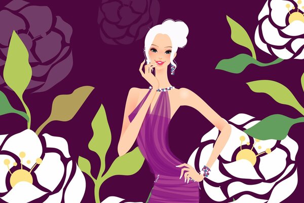 A girl in a purple dress stands against a background of white peonies