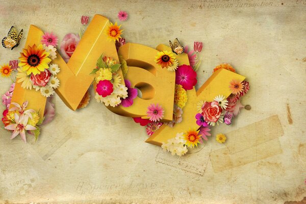 3D text May surrounded by flowers