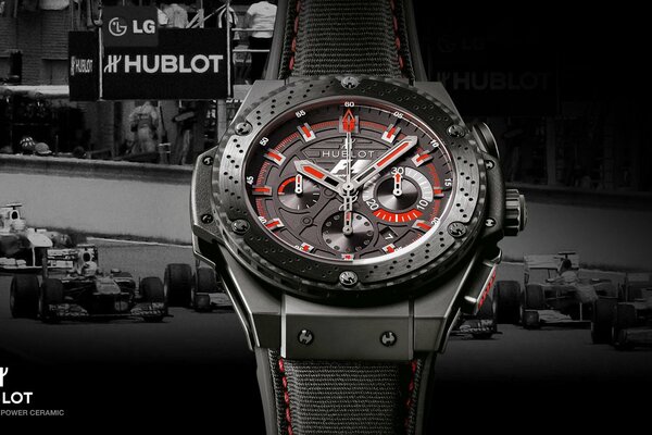 Belle horloge sur fond de course de formule 1