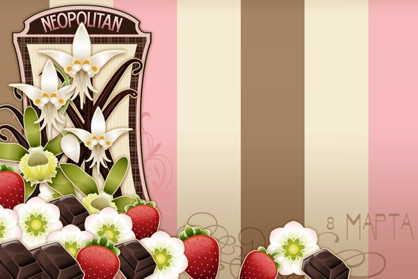 Chocolates, strawberries and flowers on a striped background