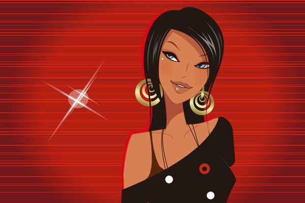 Dark-haired girl with stylish earrings in her ears on a red background