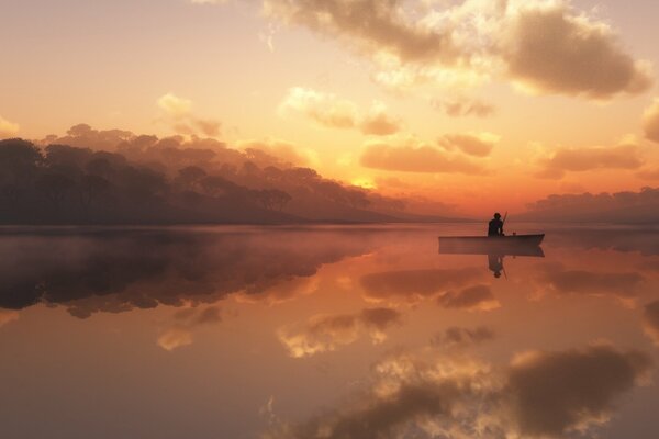 A lonely fisherman on a lake in the fog