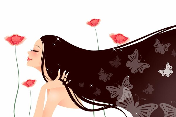 Long-haired girl with poppies and butterflies in her hair