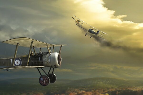 The plane and the biplane took off into the sky and a collision occurred