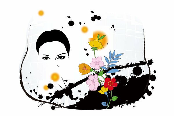 Gaze of a girl on a white background with flowers