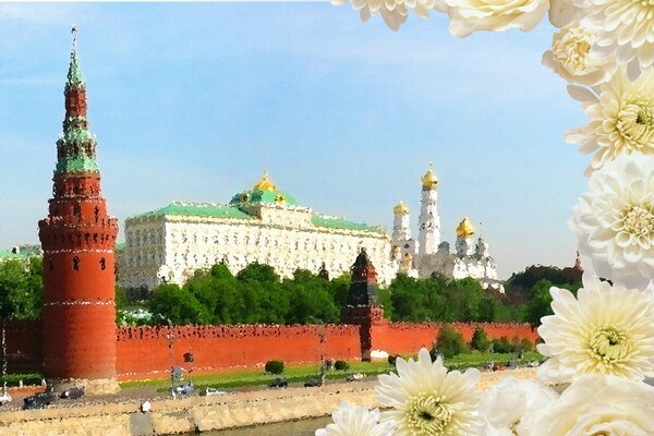 Kolaż z kwiatami i zdjęcie Kremla w słoneczny dzień