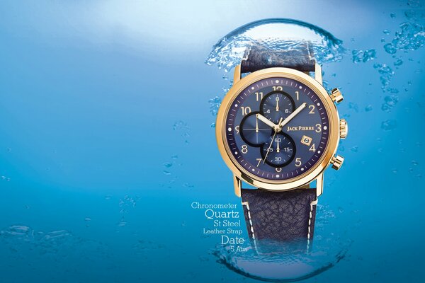 Annuncio pubblicitario orologio resistente all acqua che affonda nel mare blu