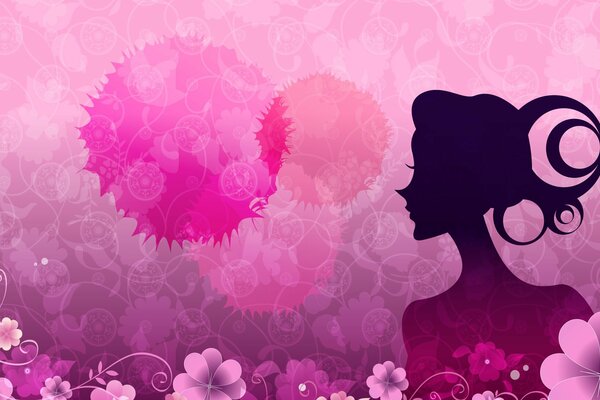 The shadow of a girl on a pink background with flowers