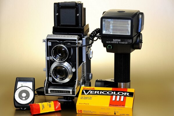 Antique camera with dual camera and film
