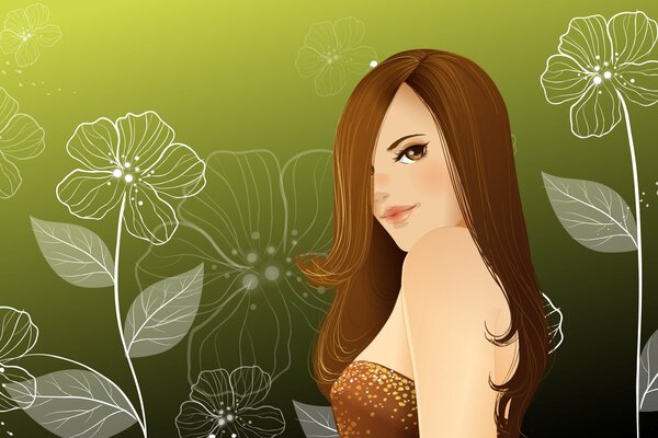 A girl with long dark hair on a background of flowers