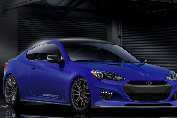 Hyundai dai toni blu in un garage oscurato