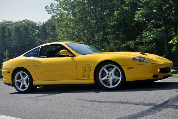 Ferrari jaune sur la route près des arbres verts