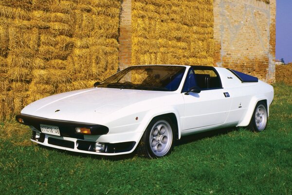 Voiture blanche, lamborghini près du mur de pierre