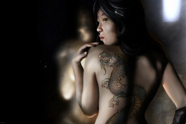 Asian model with a dragon tattoo on her back