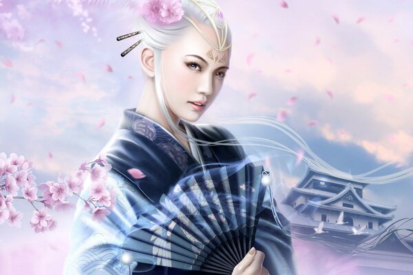 Femme japonaise avec un ventilateur en kimono et une branche de Sakura