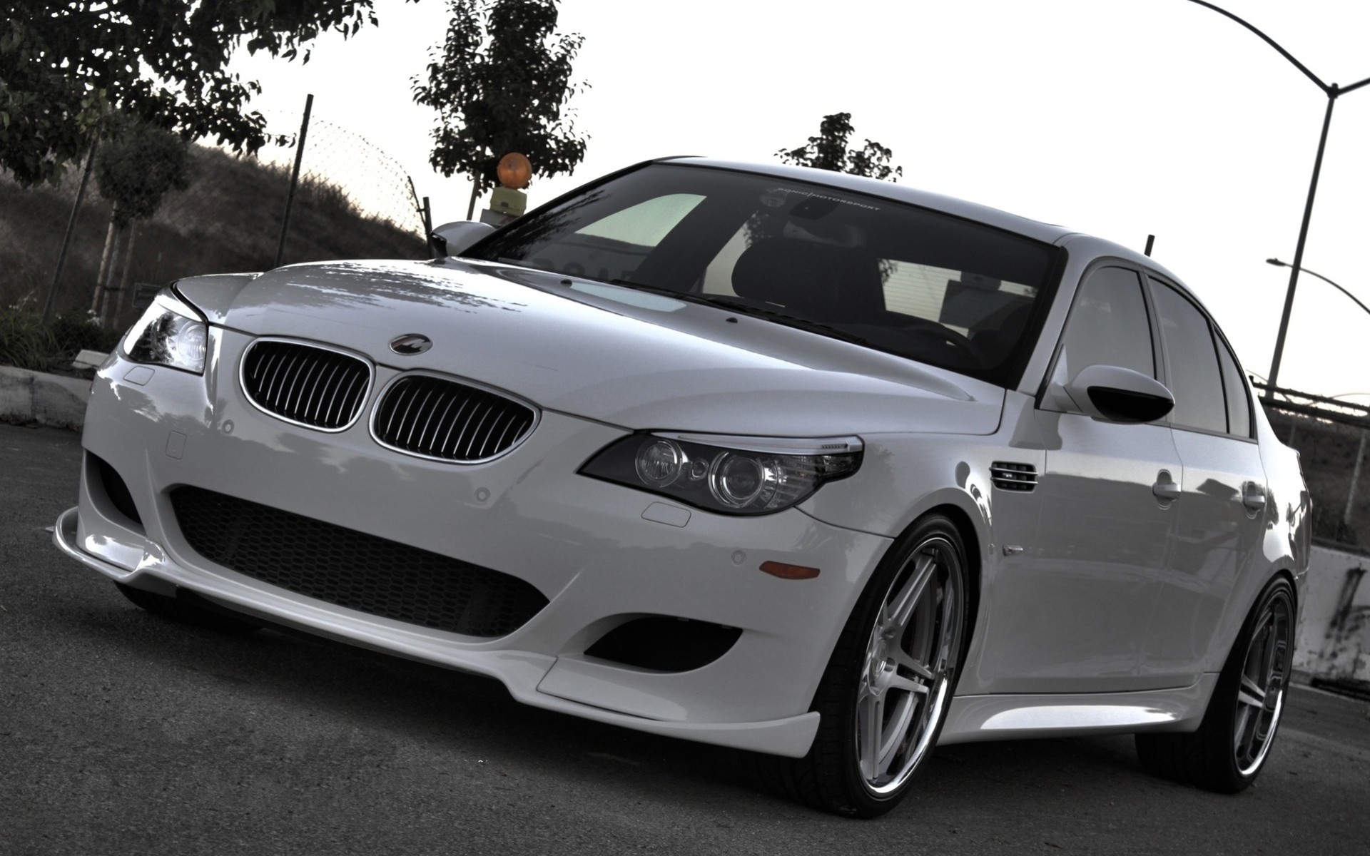 m5 bmw white road evwning sedan view e60